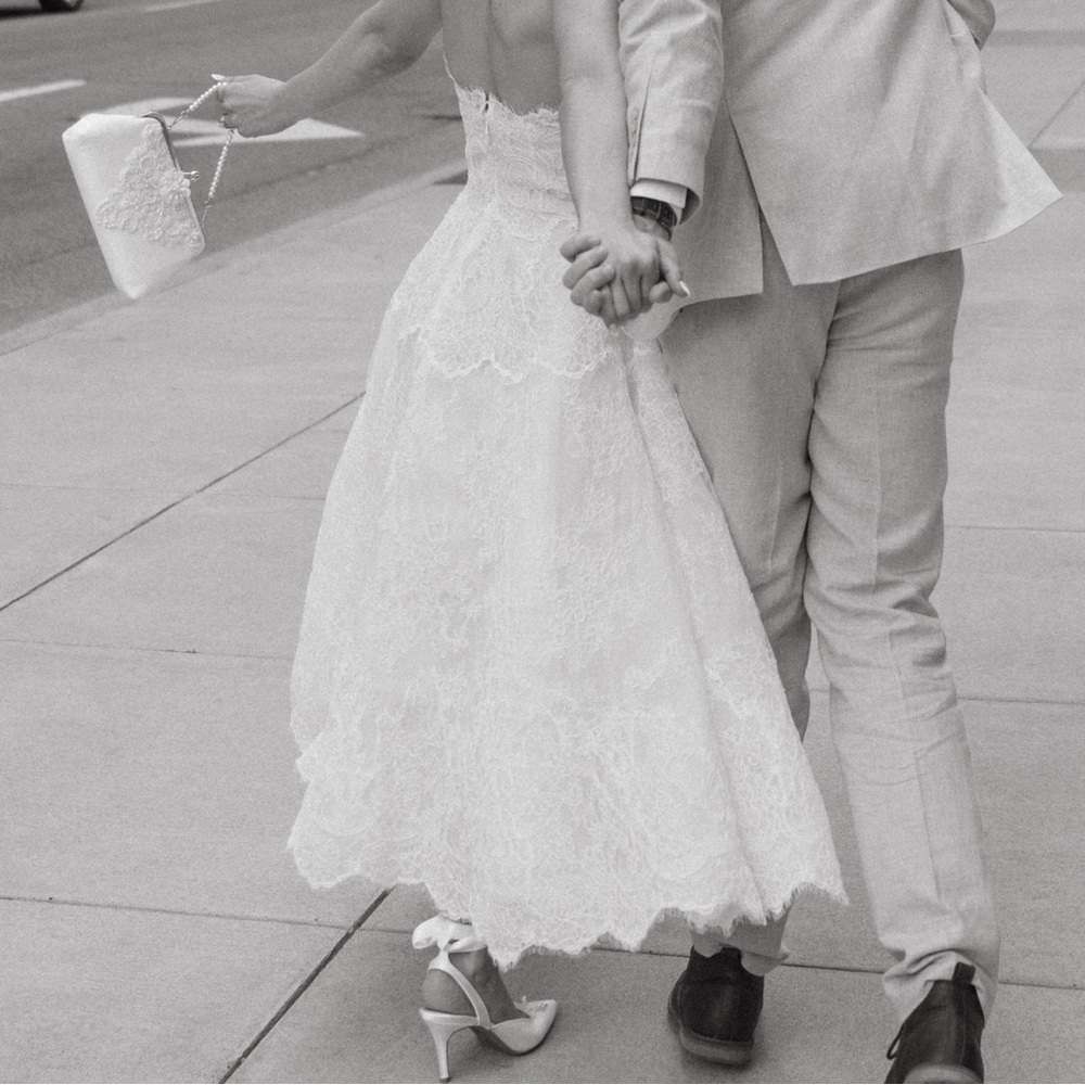Bespoke White Lace Midi Dress with Scalloped Hem - Picture 3 of 7